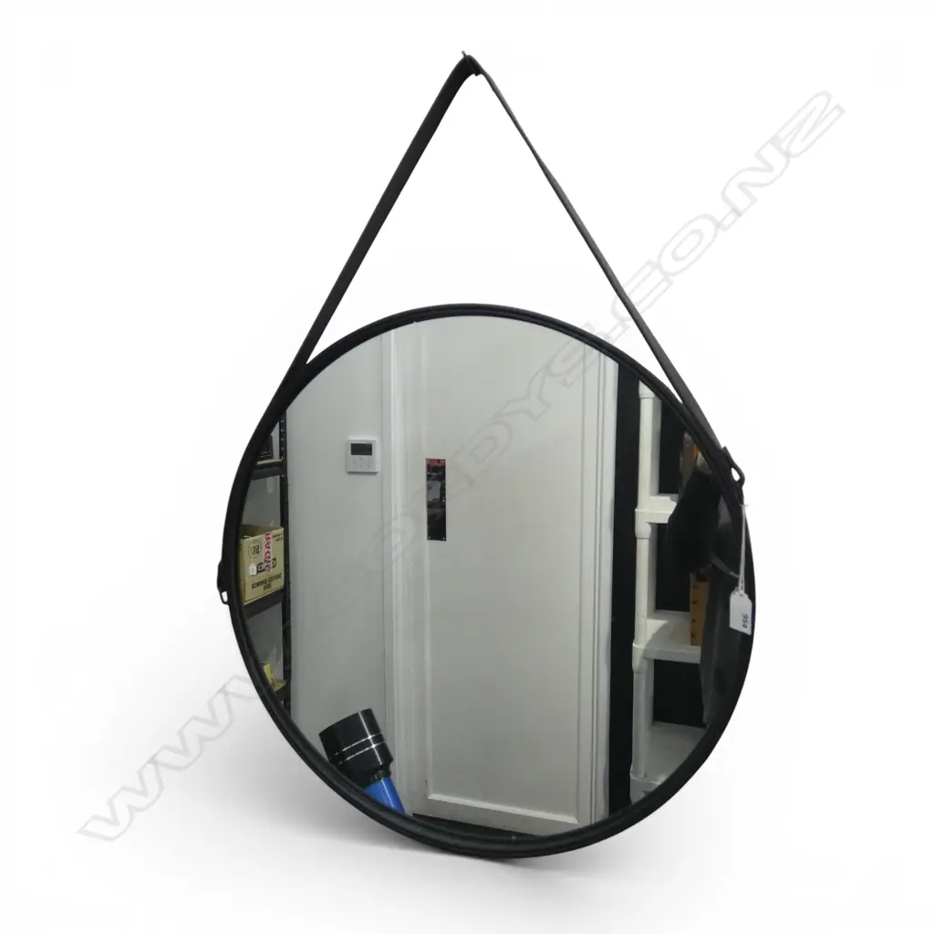 DARK METAL FRAMED CIRCULAR MIRROR WITH LEATHER STRAP HANGER. Dia.555mm Image 1++