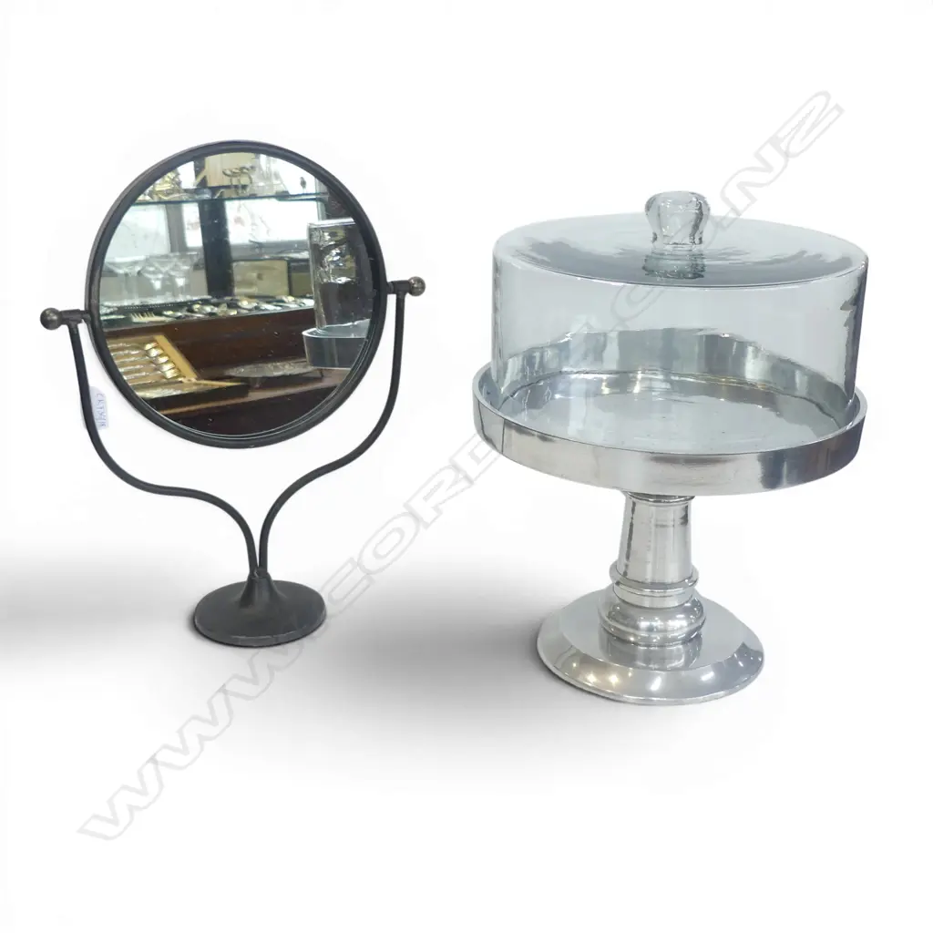 SILVER METAL CAKE STAND w. GLASS DOME H.380mm + TABLE TOP MIRROR Image 1++