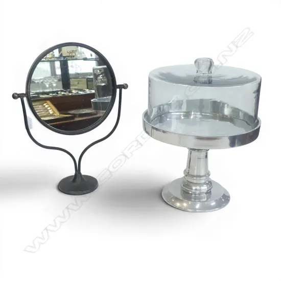 SILVER METAL CAKE STAND w. GLASS DOME H.380mm + TABLE TOP MIRROR