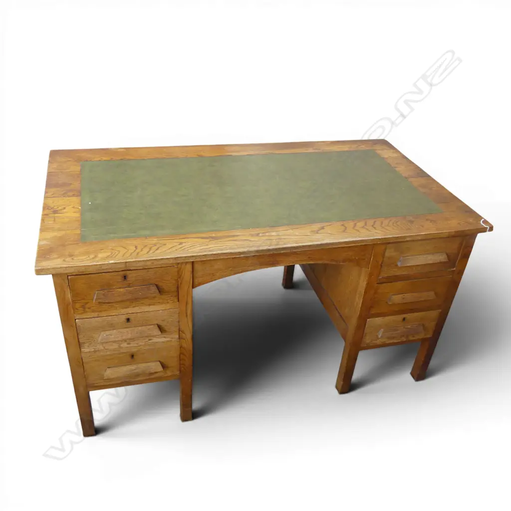 OAK DESK w. inset green leather top 1445x795x755mm Image 1++