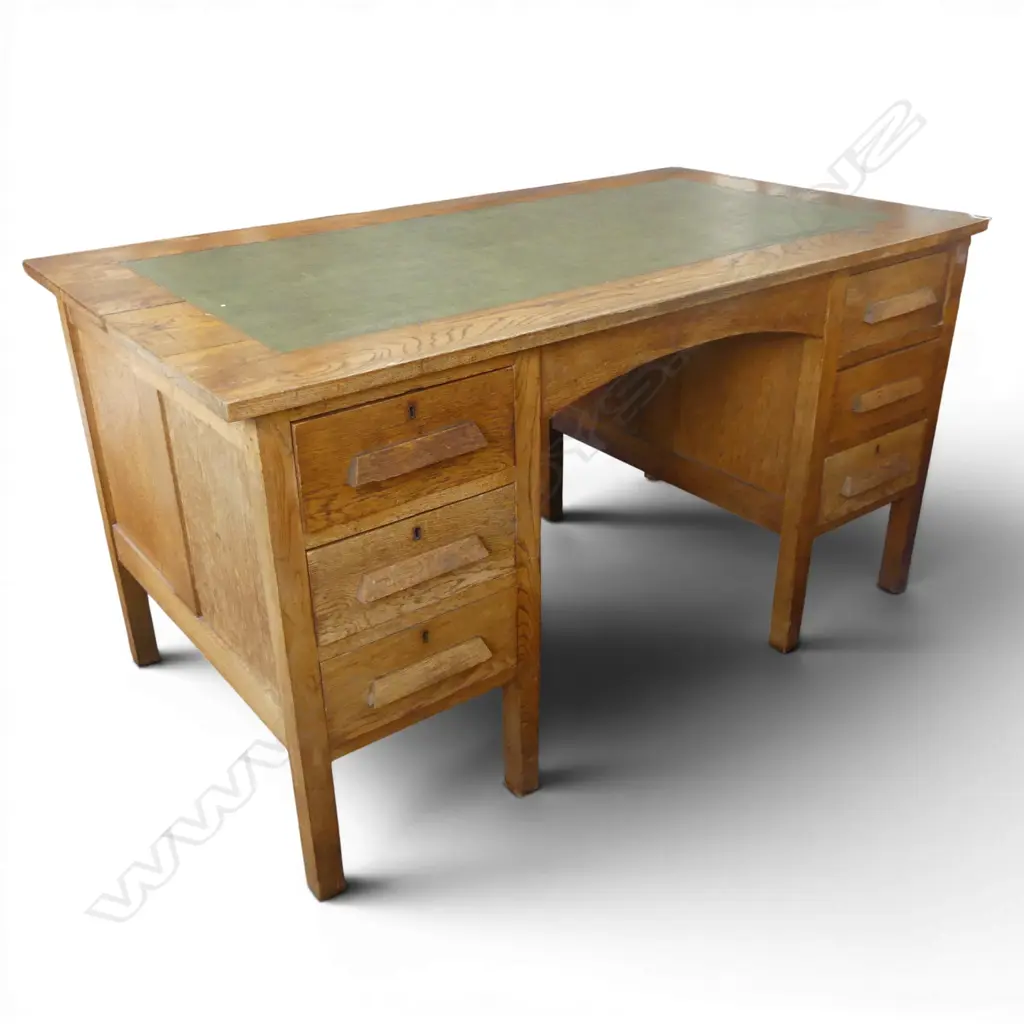 OAK DESK w. inset green leather top 1445x795x755mm Image 1++