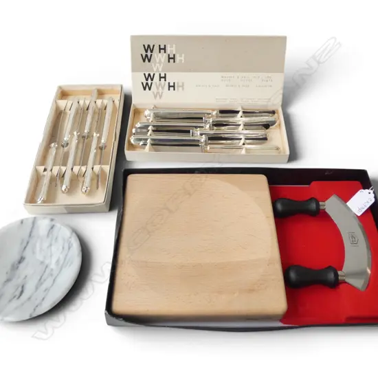 ROSTFREI MEZZALUNA HERB CHOPPER & BOARD, MARBLE DISH, 2 BOXES WALKER & HALL KNIVES