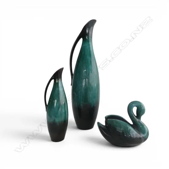 3 PCS VINTAGE BLUE MOUNTAIN, SWAN, SML & LRG VASES, H.480mm tallest