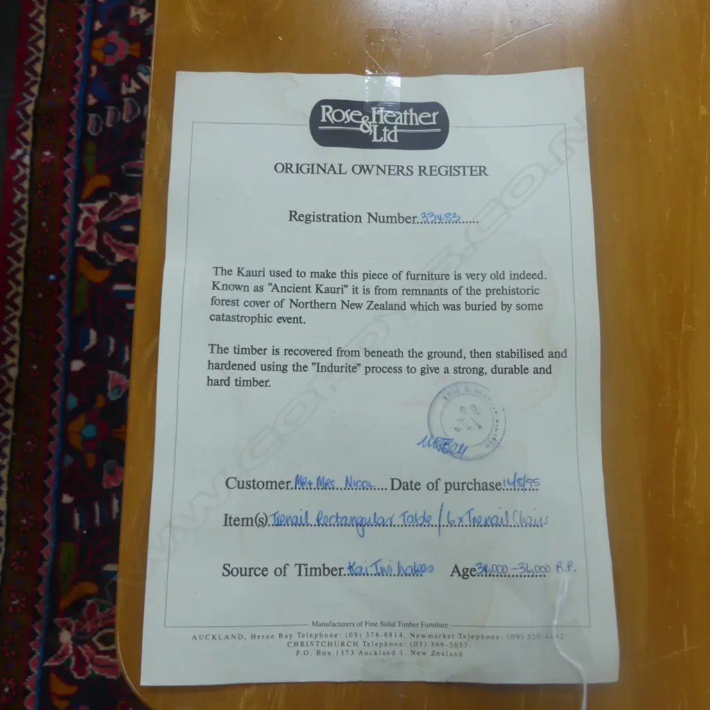 ROSE & HEATHER SWAMP KAURI DINING TABLE top needs attention  w. 6 LEATHER UPHOLSTERED CHAIRS owners certificate Image 1++