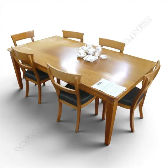 ROSE & HEATHER SWAMP KAURI DINING TABLE top needs attention  w. 6 LEATHER UPHOLSTERED CHAIRS owners certificate