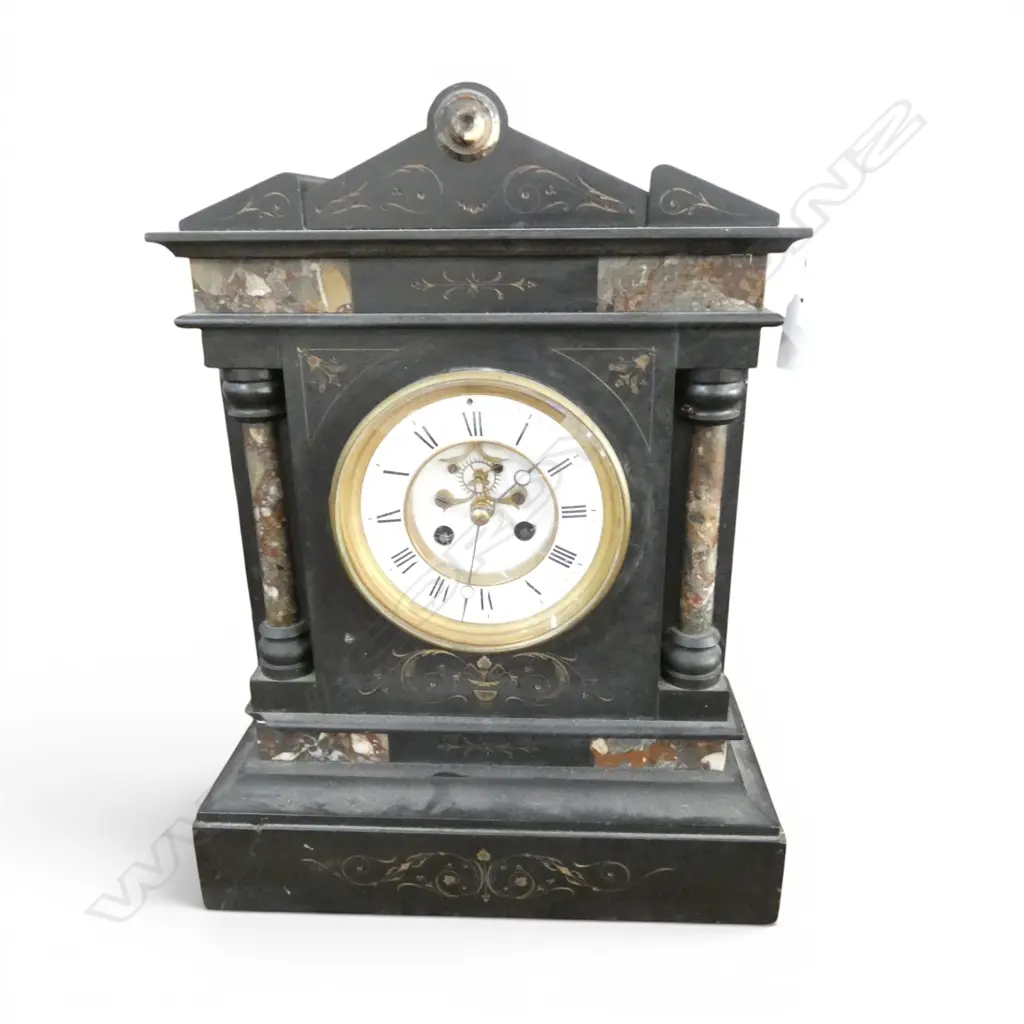 HEAVY BLACK SLATE MANTLE CLOCK w. PENDULUM H.420mm Image 1++