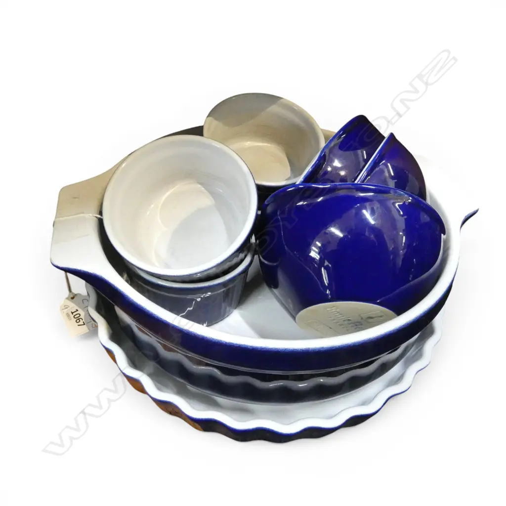 9 PCES BLUE GLAZED EMILE HENRY COOKWARE; 4 RAMEKINS, 3 BOWLS, CASSEROLE, PIE DISH 300mm dia Image 1++