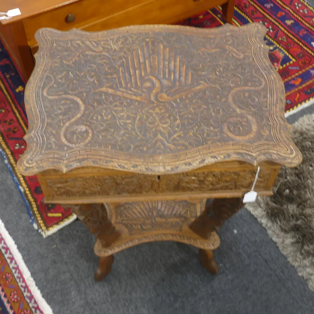 VINTAGE INDONESIAN CARVED SEWING TABLE 490x380x660mm Image 1++