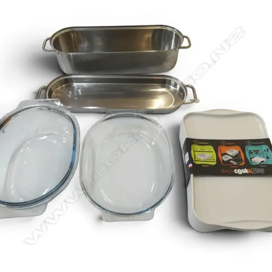 2 CASSEROLES; REVOL FRANCE 'COOK & PLAY' W.335mm, PYREX LIDDED + STAINLESS STEEL FISH PAN L.530mm ALL AS NEW