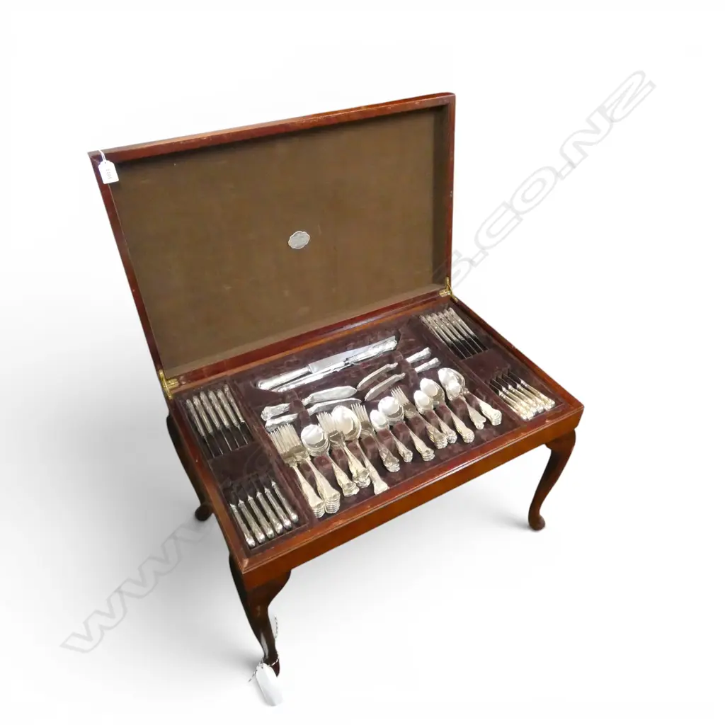 MAHOGANY CUTLERY CANTEEN TABLE w. 12 PLACE COOPER LUDLAM EP SERVICE Image 1++