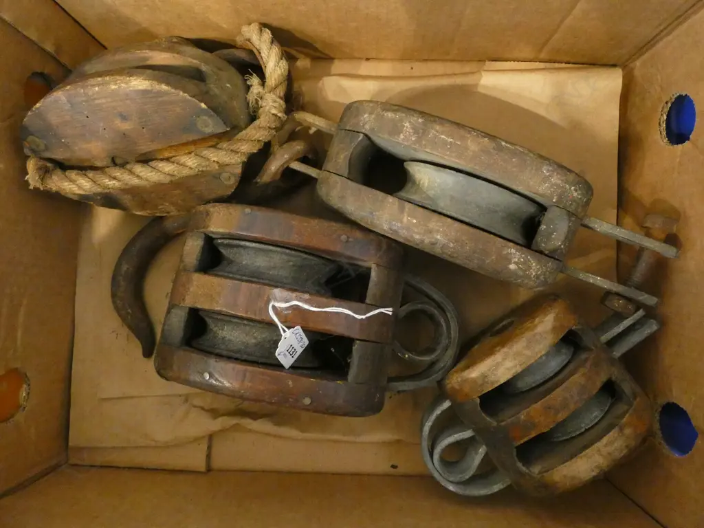 4 OLD WOODEN SHIP'S PULLEYS: 2 w double metal wheels Image 1++