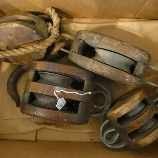 4 OLD WOODEN SHIP'S PULLEYS: 2 w double metal wheels
