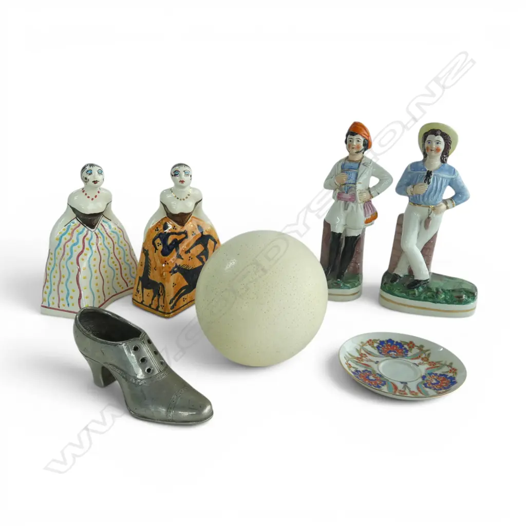 2 PRS OF CERAMIC FIGURINES (MAN NECK REPAIRED) H.230mm + OSTRICH EGG, SHOE & SAUCER Image 1++