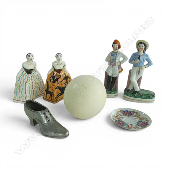 2 PRS OF CERAMIC FIGURINES (MAN NECK REPAIRED) H.230mm + OSTRICH EGG, SHOE & SAUCER