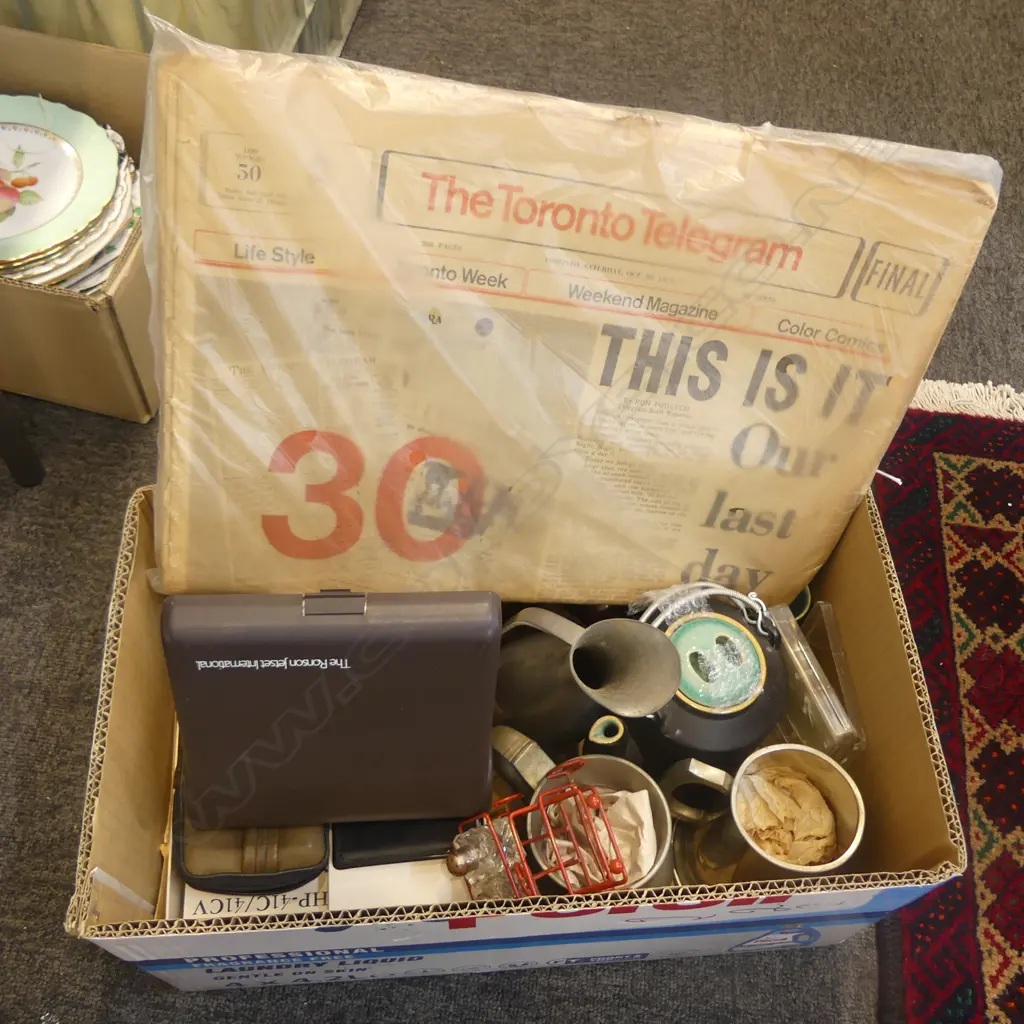 BOX OF ASST. Incl. HP-41CV CALCULATOR, PEWTER, CERAMICS, THE TORONTO TELEGRAM 1971 etc  Image 1++