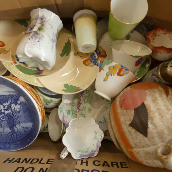 BOX OF MIXED DECO CHINA CSPS VASES CAKE PLATES ETC