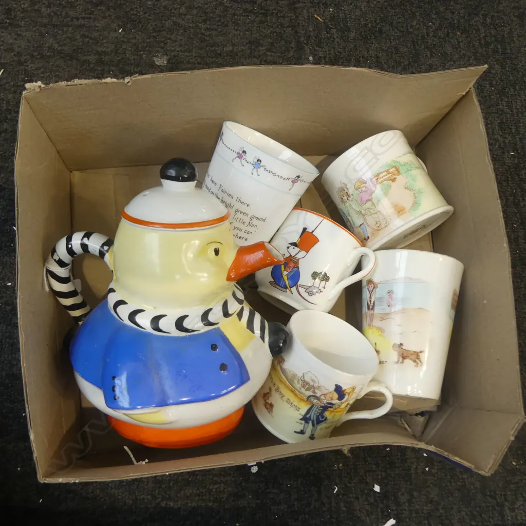 SHELLEY CHINA LUCY ATTWELL DUCK TEAPOT H190MM & 5 SHELLEY CHILDRENS BEAKERS Image 1++