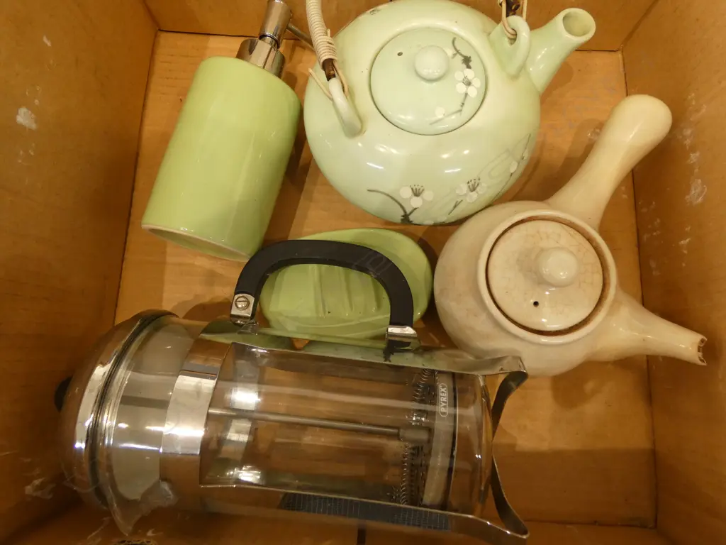 BOX LOT: TEA POTS, COFFEE POT, SOAP DISPENSER & DISH. Image 1++
