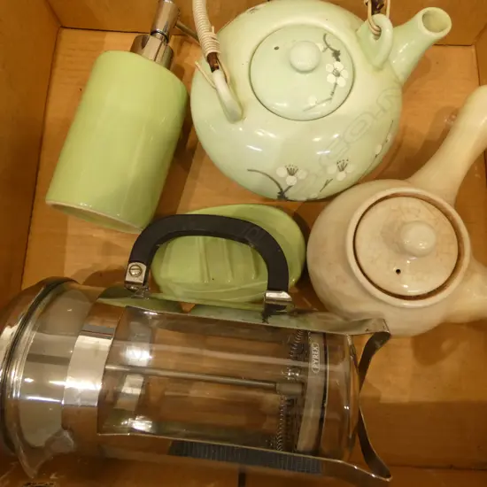 BOX LOT: TEA POTS, COFFEE POT, SOAP DISPENSER & DISH.