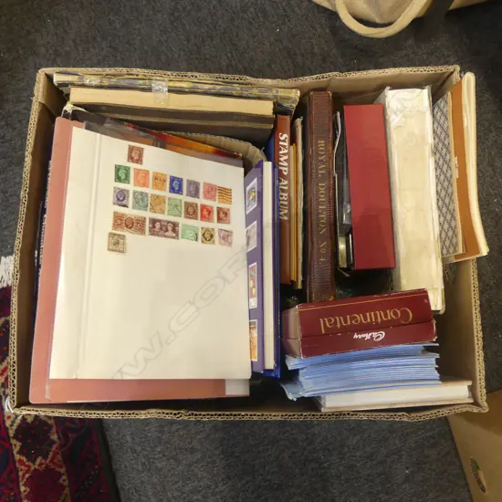 BOX LOT ASST. STAMPS, STAMP ALBUMS etc