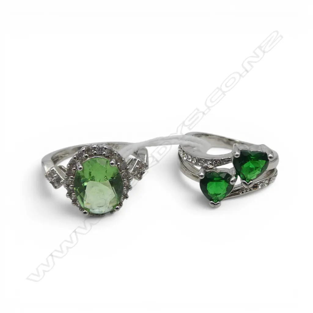 2 .925 SILVER costume RINGS green & white stones Image 1++
