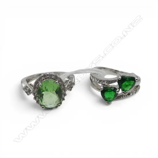 2 .925 SILVER costume RINGS green & white stones