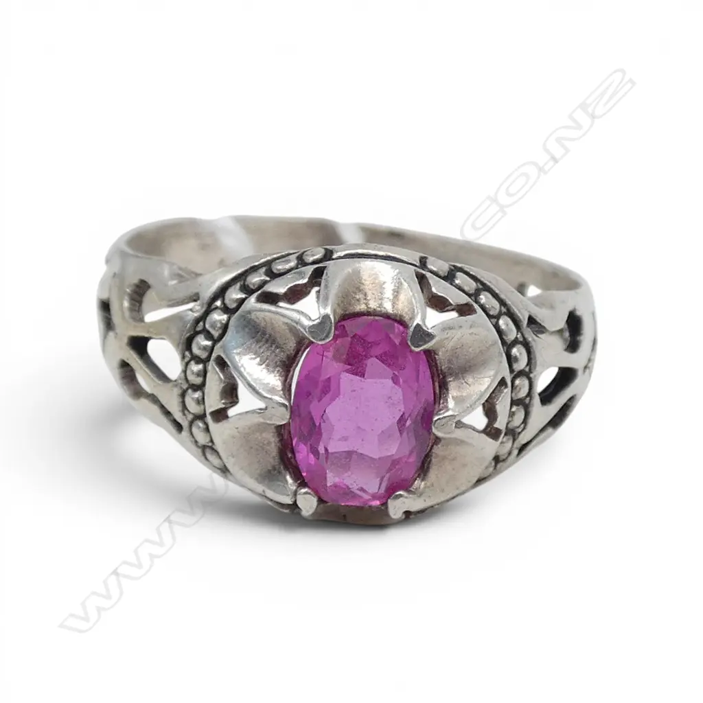 STG SILVER & faceted PINK STONE RING pierced shoulders SIZE R Image 1++