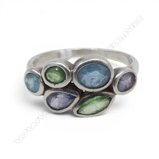 STG SILVER & MULTI coloured GEM STONE RING SIZE O