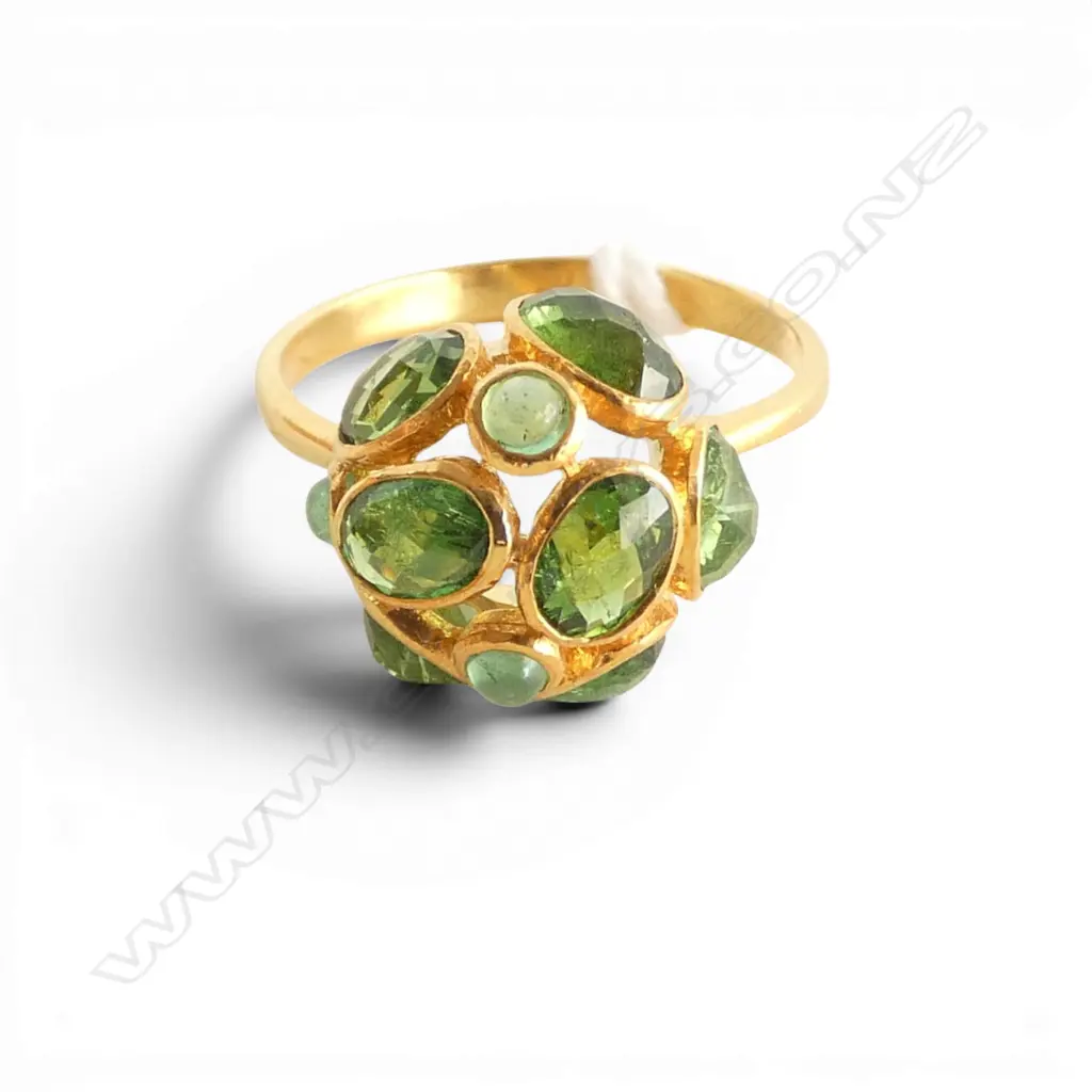 SILVER GILT EMERALD AND CHROME TOURMALINE RING SIZE N Image 1++