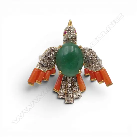SILVER GILT DIAMONDS/RUBY/EMERALD/CORAL BIRD RING