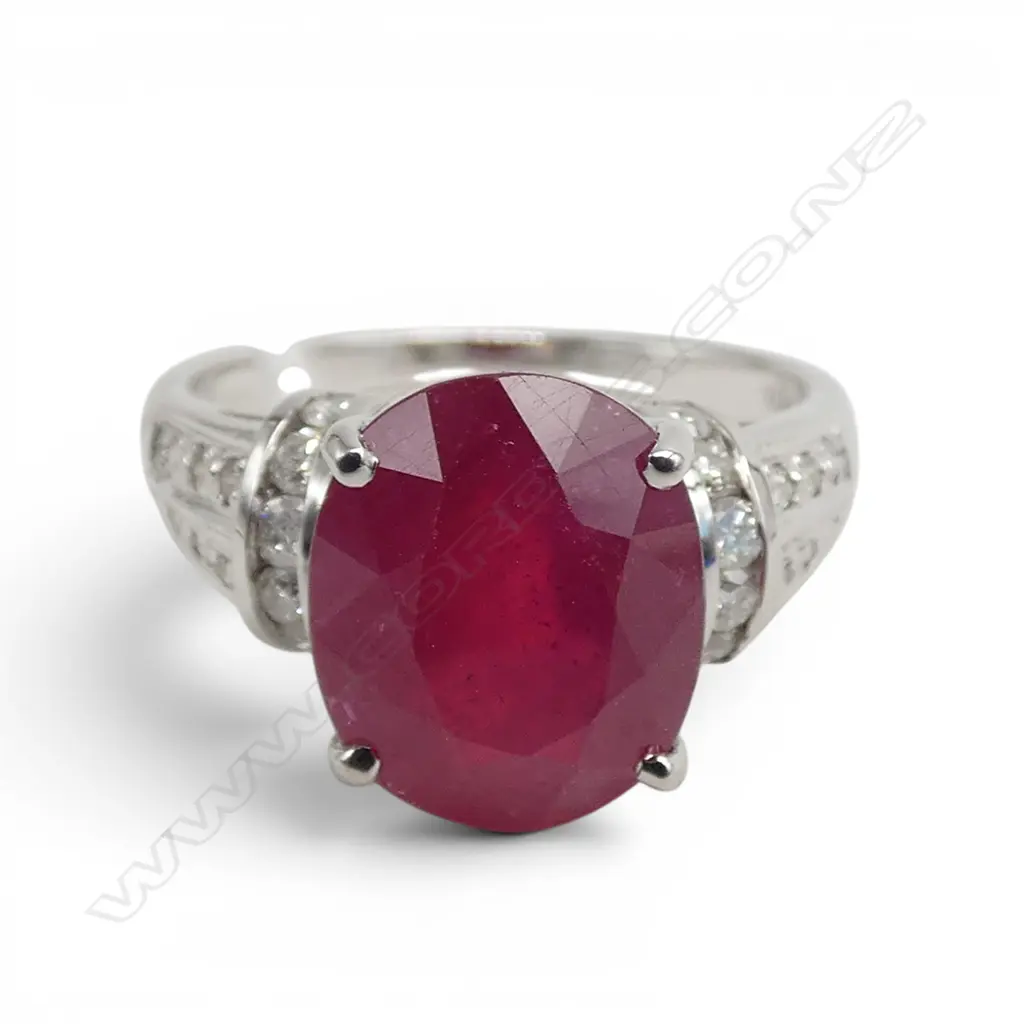 18ct WHITE GOLD & LGE 5.06ct RUBY RING (ENHANCED) & MULTI DIAMOND RING. Size O.  5gms Image 1++