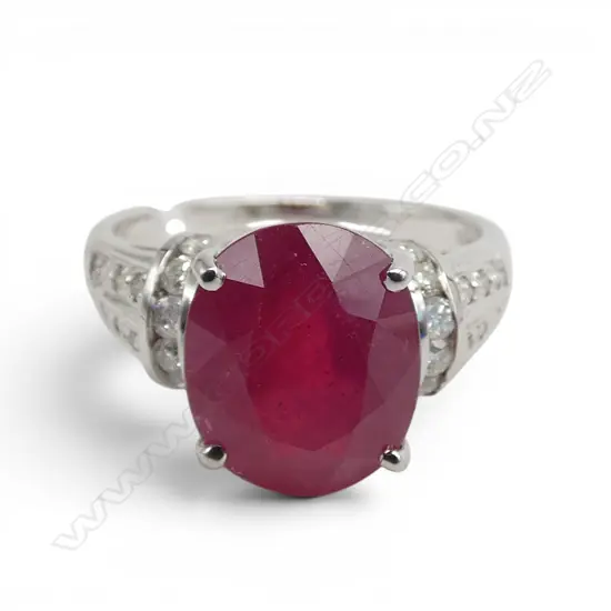 18ct WHITE GOLD & LGE 5.06ct RUBY RING (ENHANCED) & MULTI DIAMOND RING. Size O.  5gms