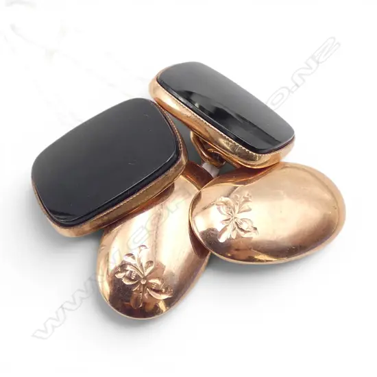 PR VINTAGE 9ct ROSE GOLD & ONYX CUFFLINKS 6.6gms