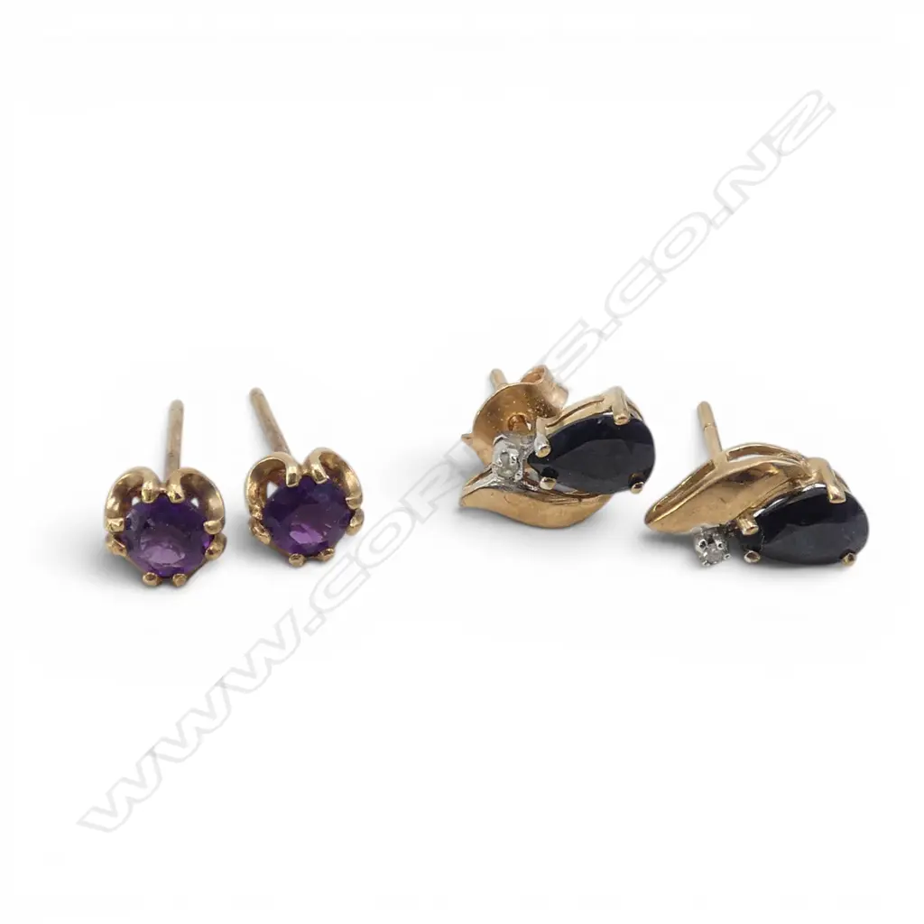 2 PAIRS of 9ct GOLD STUD EARRINGS: sapphire & diamond + amethyst. Only 1 butterfly Image 1++