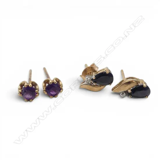 2 PAIRS of 9ct GOLD STUD EARRINGS: sapphire & diamond + amethyst. Only 1 butterfly