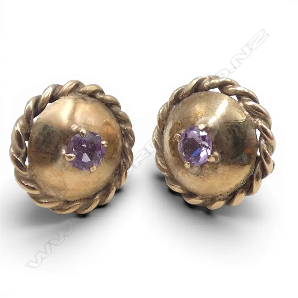 PR 9CT EARRINGS, WITH AMYTHEST, 15mm dia 3.5gms Image 1++