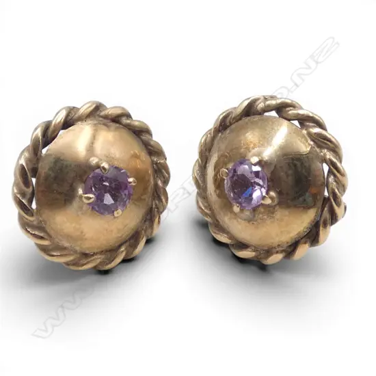 PR 9CT EARRINGS, WITH AMYTHEST, 15mm dia 3.5gms