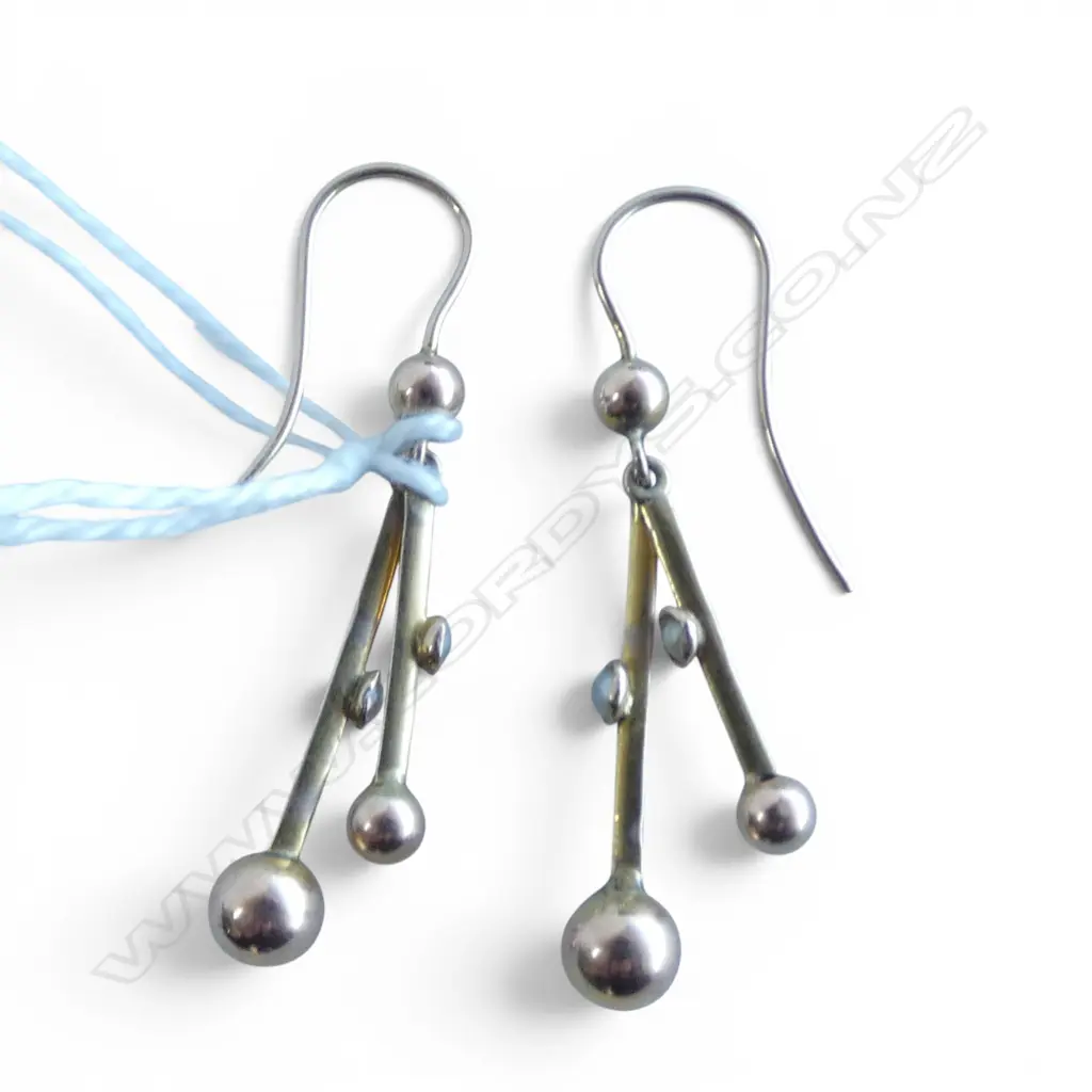 PR VINTAGE 9ct ROSE GOLD DROP double bar & ball EARRINGS with seed pearls 2.2gms Image 1++