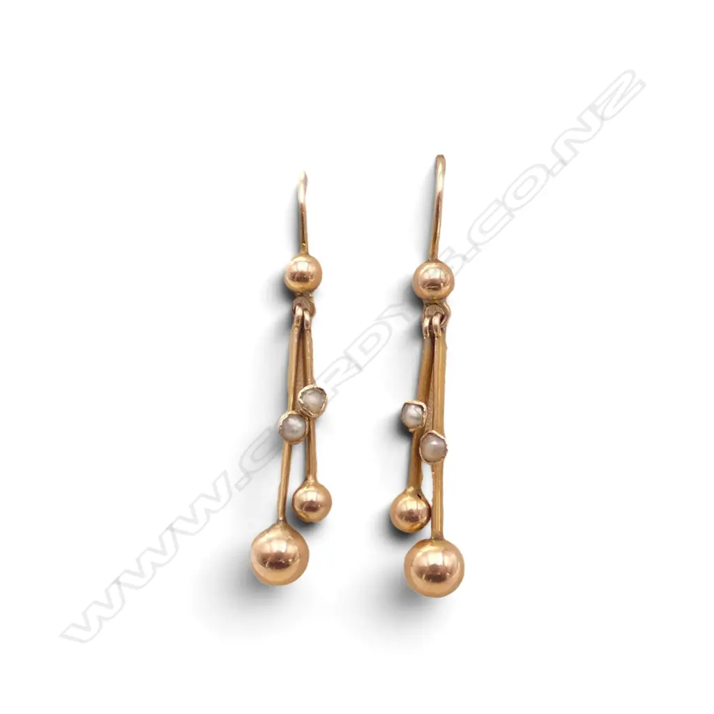 PR VINTAGE 9ct ROSE GOLD DROP double bar & ball EARRINGS with seed pearls 2.2gms Image 1++