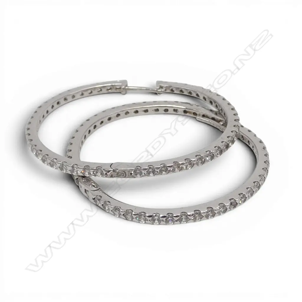 PR LARGE SILVER HOOP EARRINGS set with faux diamonds. Dia.35mm approx. Image 1++
