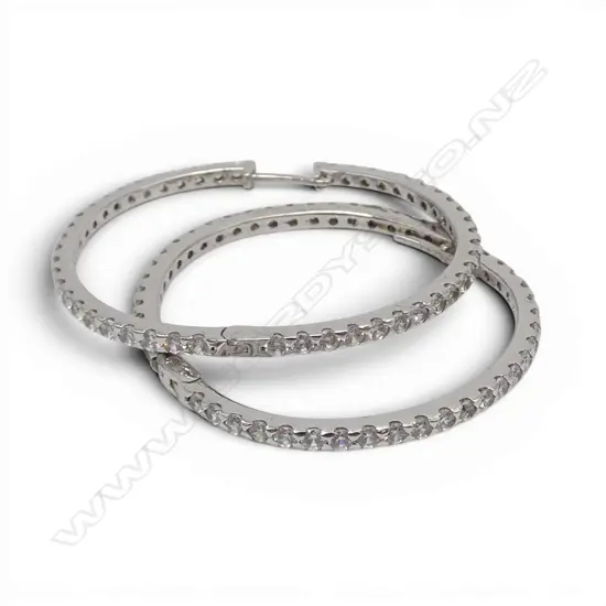 PR LARGE SILVER HOOP EARRINGS set with faux diamonds. Dia.35mm approx.