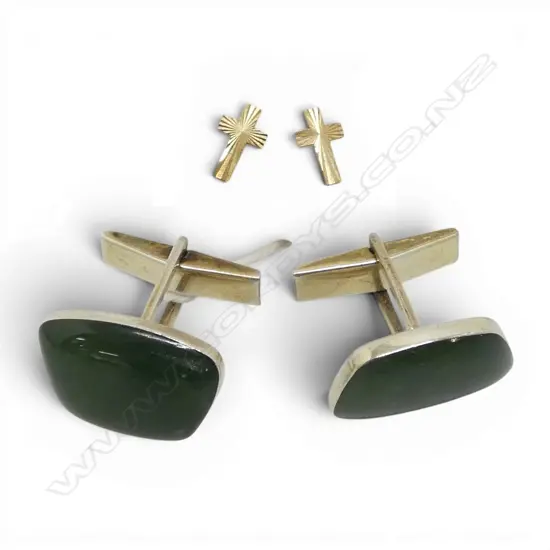 2 9ct EARRINGS 0.71gms + PR STG SILVER GILT GREENSTONE CUFF LINKS