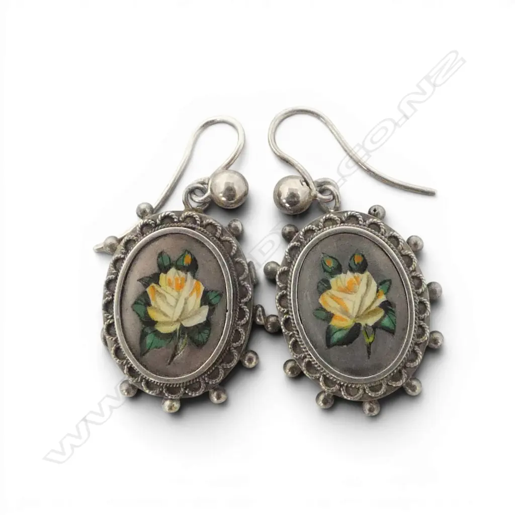 PR VICTORIAN SILVER & rose ENAMELLED EARRINGS with hooks Image 1++