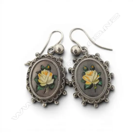 PR VICTORIAN SILVER & rose ENAMELLED EARRINGS with hooks