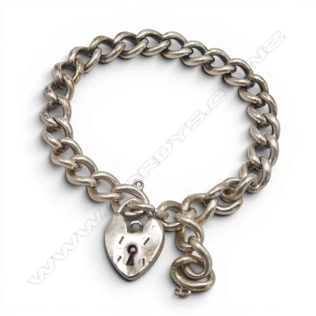 S/SILVER CHAIN LINK BRACELET HEART LOCK 38GMS LOCK A/F Image 1++