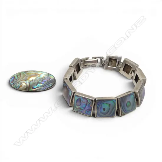 2 VINTAGE SILVER & PAUA ITENS: square multi panel bracelet + Ataahua NZ brooch