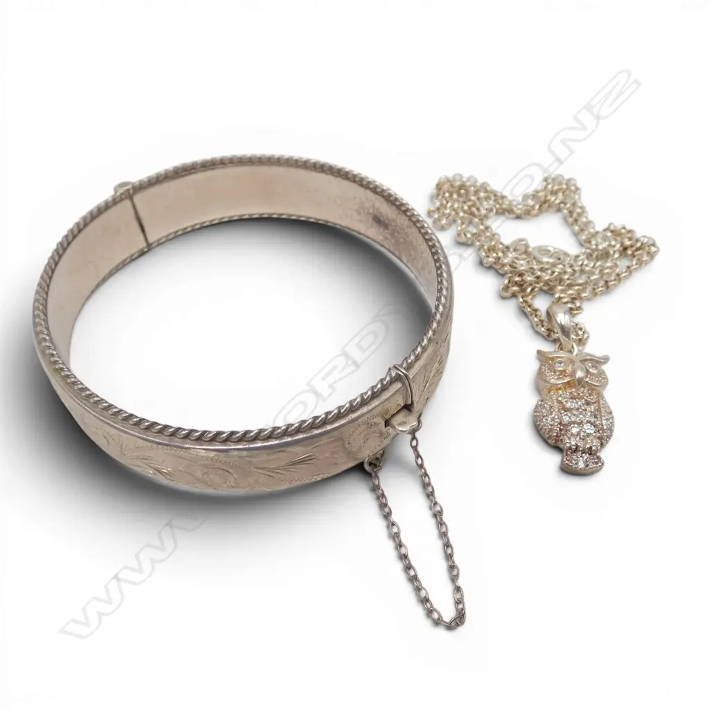 S/SILVER BANGLE & S/SILVER OWL PENDANT ON CHAIN 29GMS Image 1++