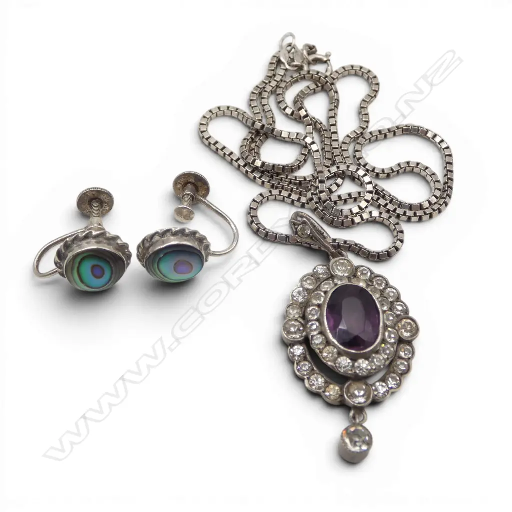 .800 SILVER PENDANT ON STG SILVER CHAIN + PR STG & PAUA EARRINGS  Image 1++