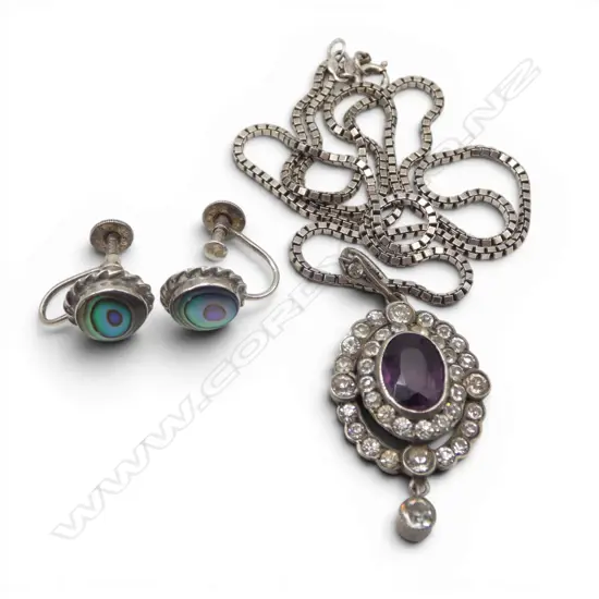 .800 SILVER PENDANT ON STG SILVER CHAIN + PR STG & PAUA EARRINGS 