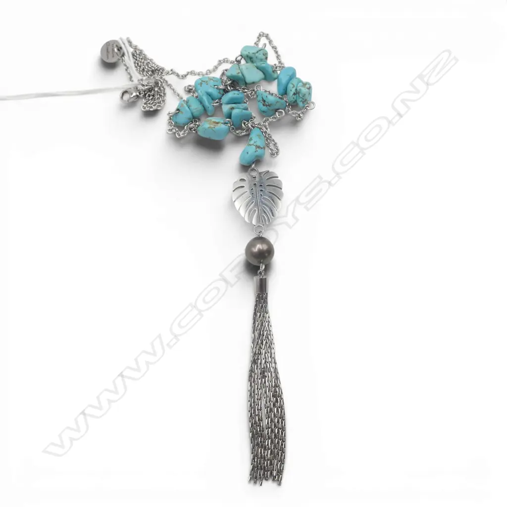 MATIRA CREATION NECKLACE w. TURQUOISE & BLACK PEARL L.850mm Image 1++